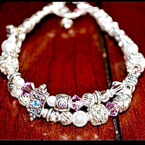 Multi-Strand Pink , Swarovski Crystals, Pearls and Sterling Silver Cross Charm B